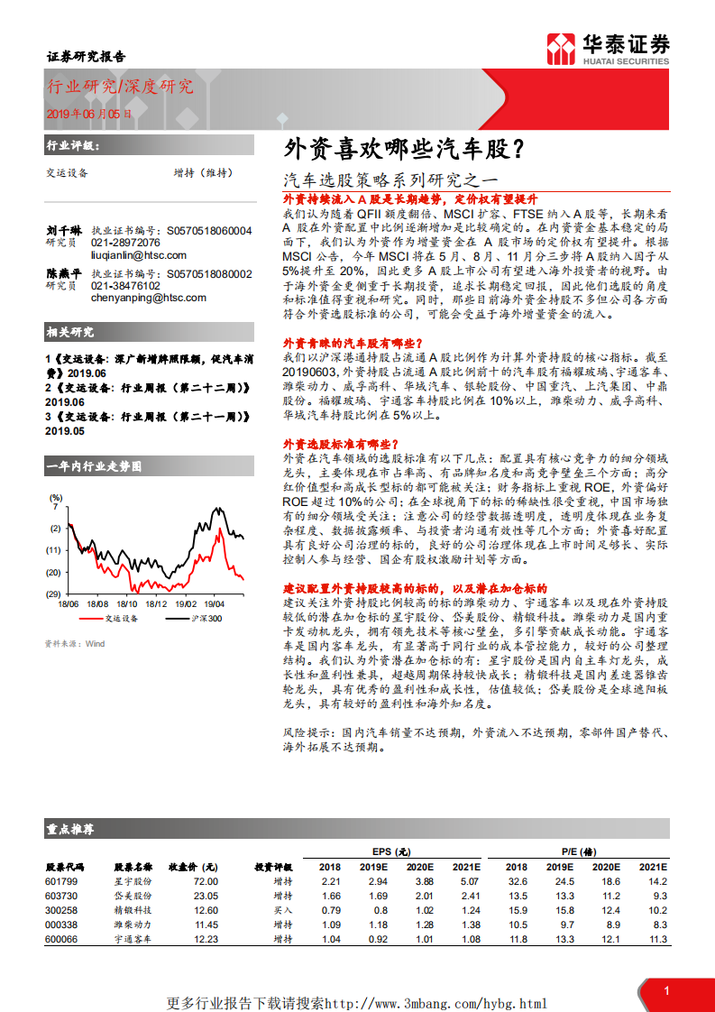 交运设备行业汽车选股策略系列研究之一：外资喜欢哪些汽车股？-190605.pdf 第1页