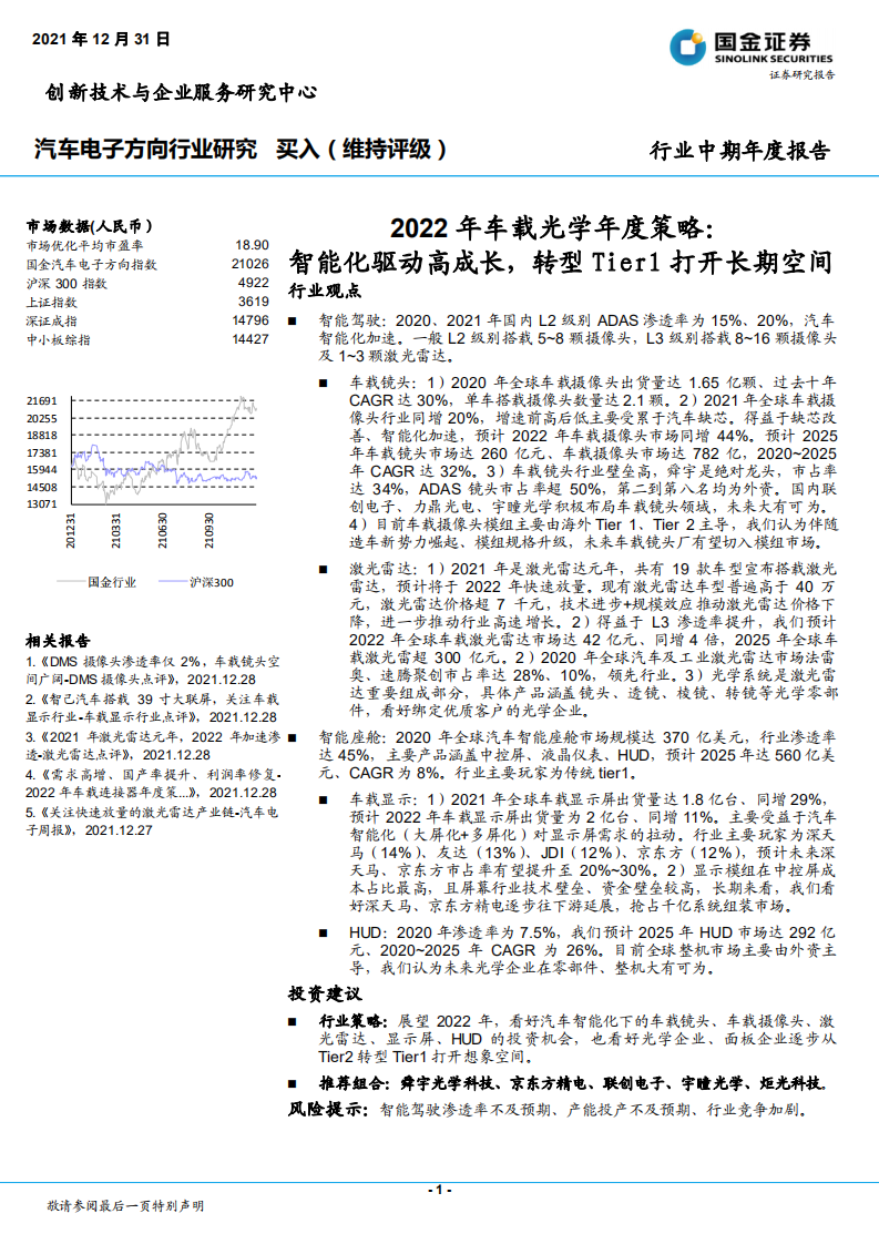 汽车电子方向行业中期年度报告：2022年车载光学年度策略，智能化驱动高成长，转型Tier1打开长期空间-20211231.pdf 第1页