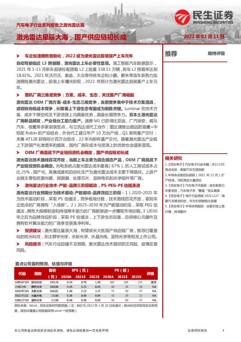 汽车电子行业系列报告之激光雷达篇：激光雷达星辰大海，国产供应链初长成-220111.pdf 第1页