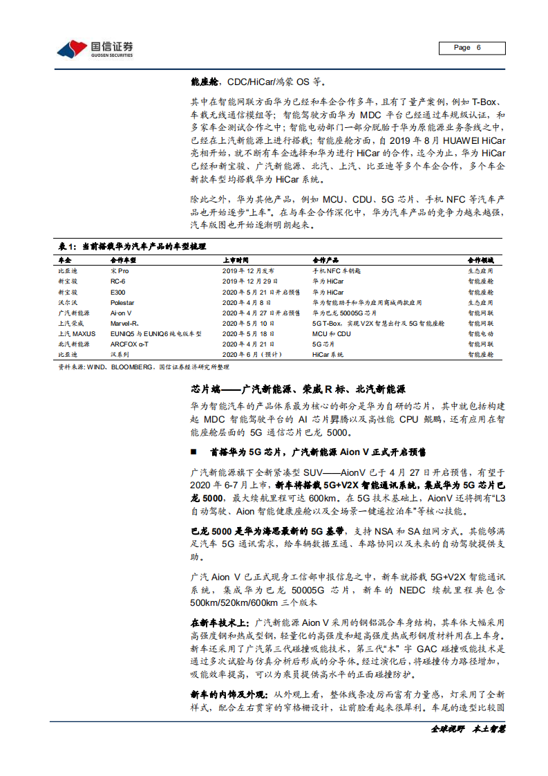 汽车汽配行业华为汽车系列之四：华为汽车产品有序落地，5G芯片、智能电动、智能座舱先行-200527.pdf 第6页