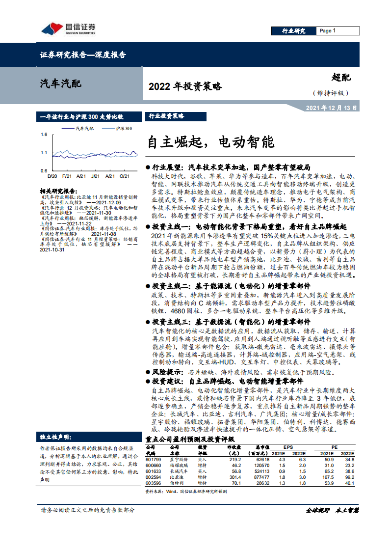 汽车汽配行业2022年投资策略：自主崛起，电动智能-211213.pdf 第1页