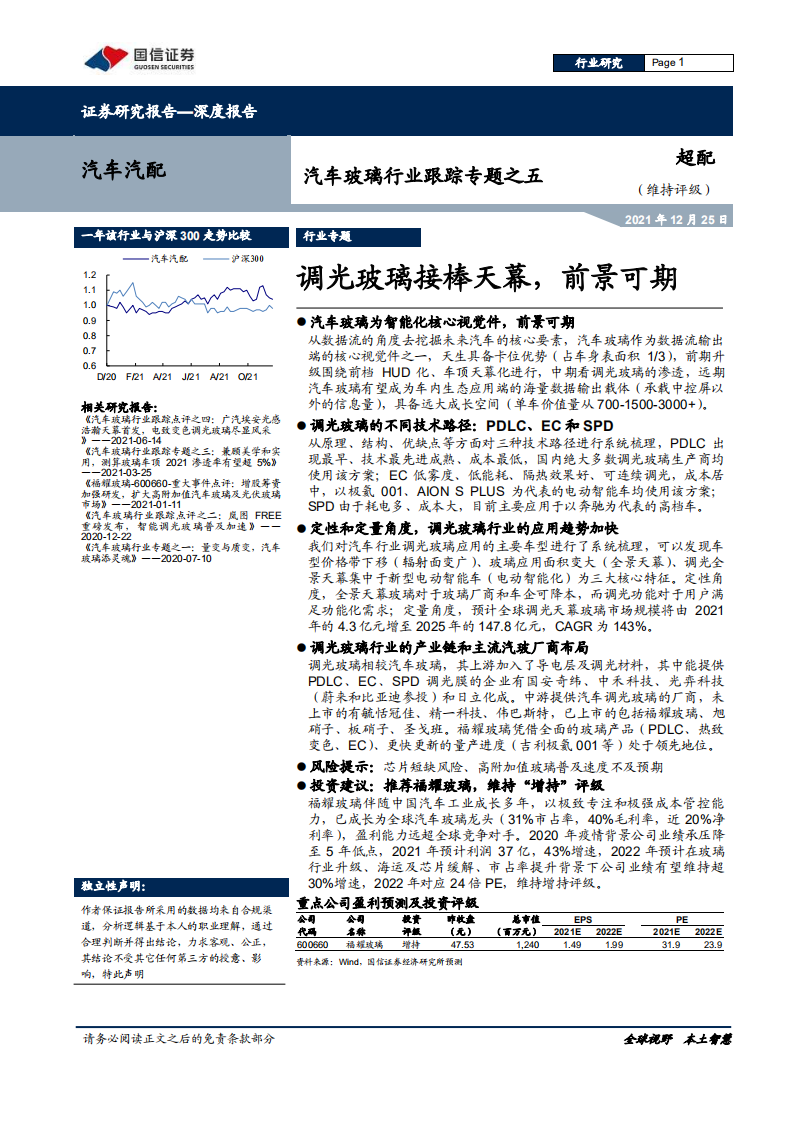 汽车汽配行业深度报告：汽车玻璃行业跟踪专题之五，调光玻璃接棒天幕，前景可期-211225.pdf 第1页