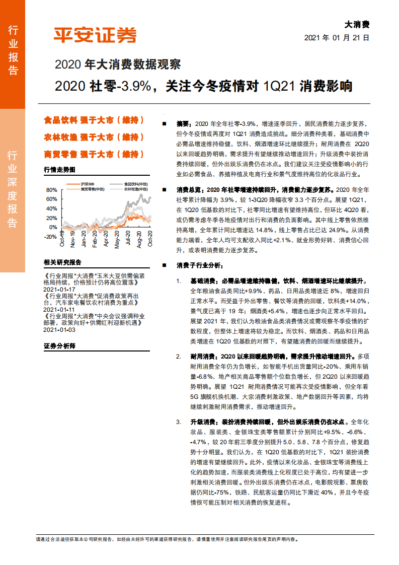 大消费行业深度报告：2020年大消费数据观察，2020社零负3.9，关注今冬疫情对1Q21消费影响-210121.pdf 第1页