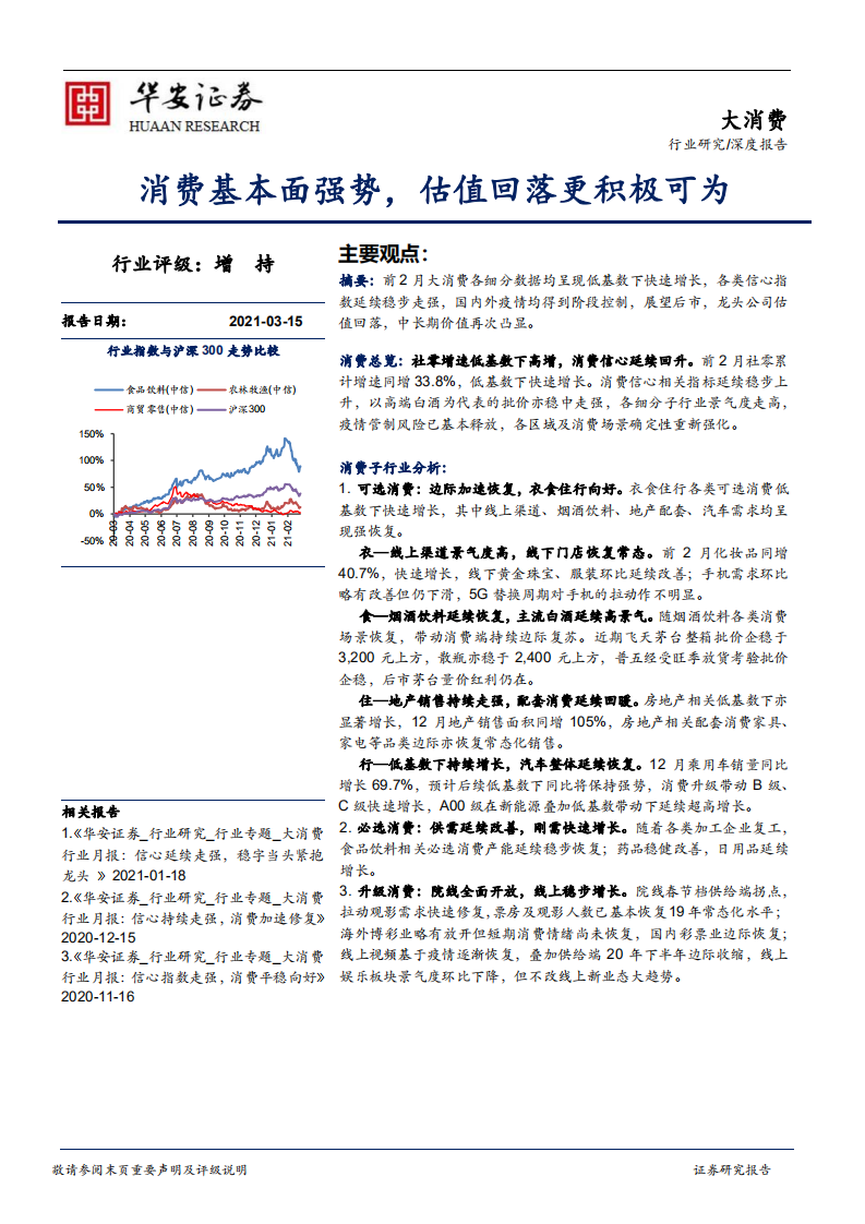 大消费行业深度报告：消费基本面强势，估值回落更积极可为-210315.pdf 第1页