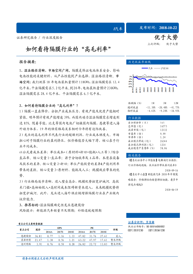 汽车行业：如何看待隔膜行业的“高毛利率”-181022.pdf 第1页