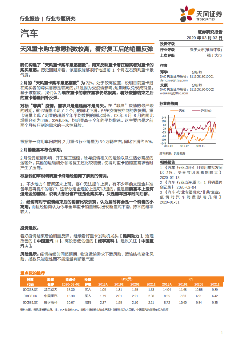 汽车行业：天风重卡购车意愿指数较高，看好复工后的销量反弹-200303.pdf 第1页