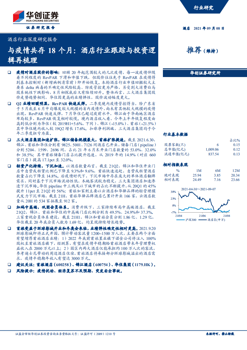 酒店行业深度研究报告：与疫情共存18个月，酒店行业跟踪与投资逻辑再梳理-210908.pdf 第1页