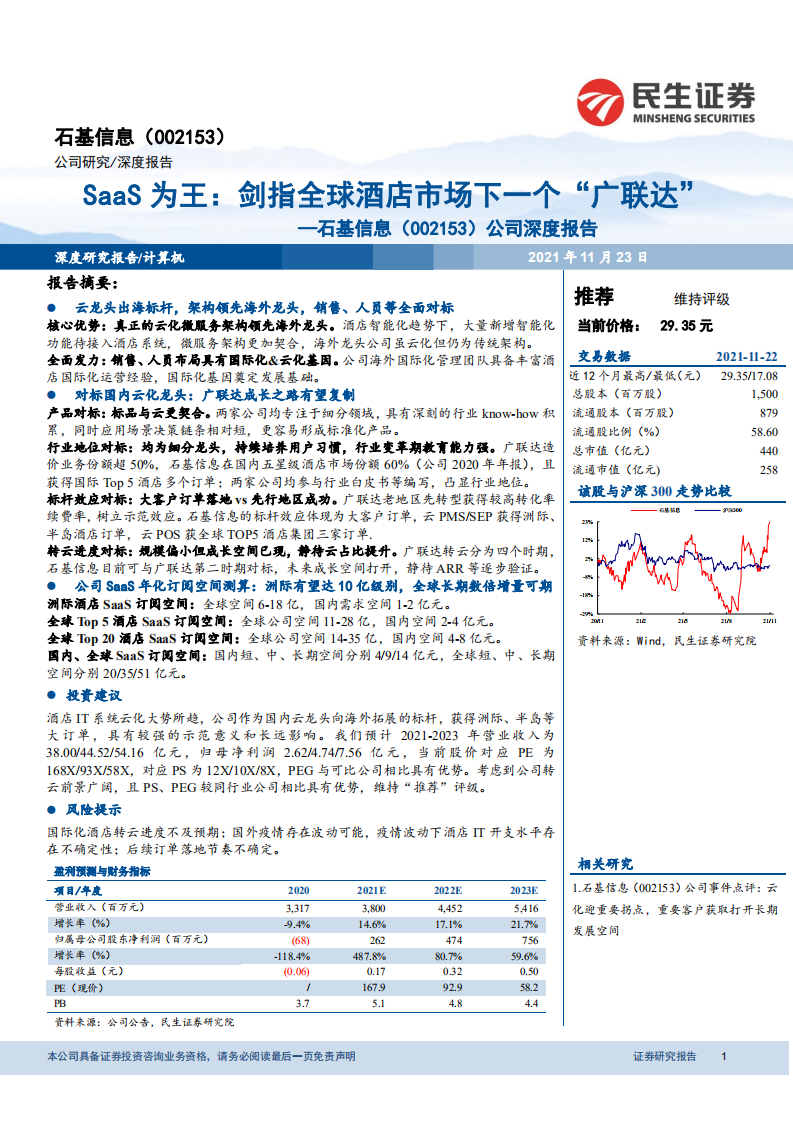 石基信息-公司深度报告：SaaS为王，剑指全球酒店市场下一个&ldquo;广联达&rdquo;-20211123 .pdf 第1页