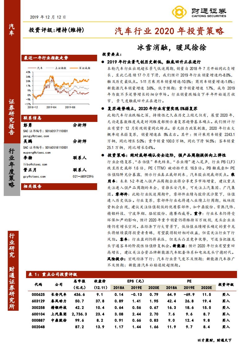 汽车行业2020年投资策略：冰雪消融，暖风徐徐-191212.pdf 第1页