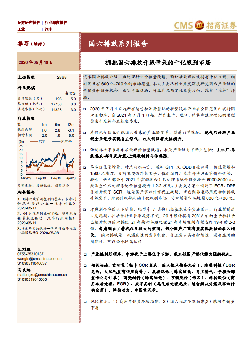 汽车行业国六排放系列报告：拥抱国六排放升级带来的千亿级别市场-200519.pdf 第1页