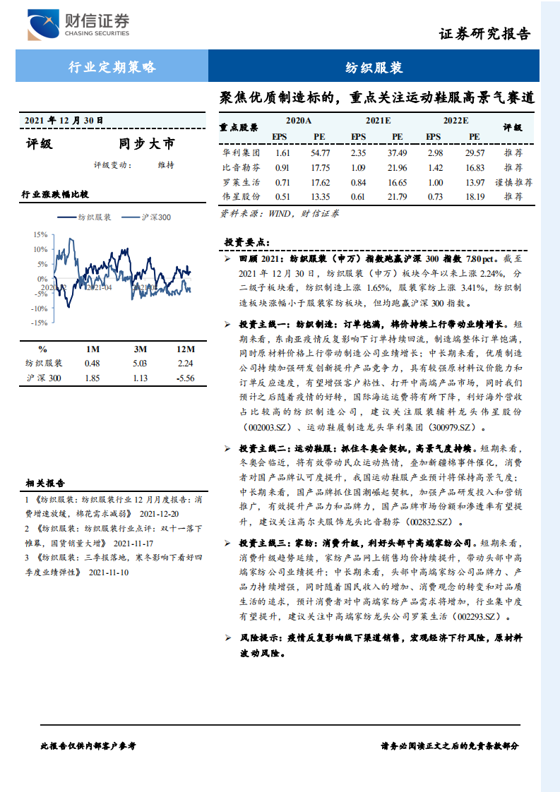 纺织服装行业定期策略：聚焦优质制造标的，重点关注运动鞋服高景气赛道-211230.pdf 第1页