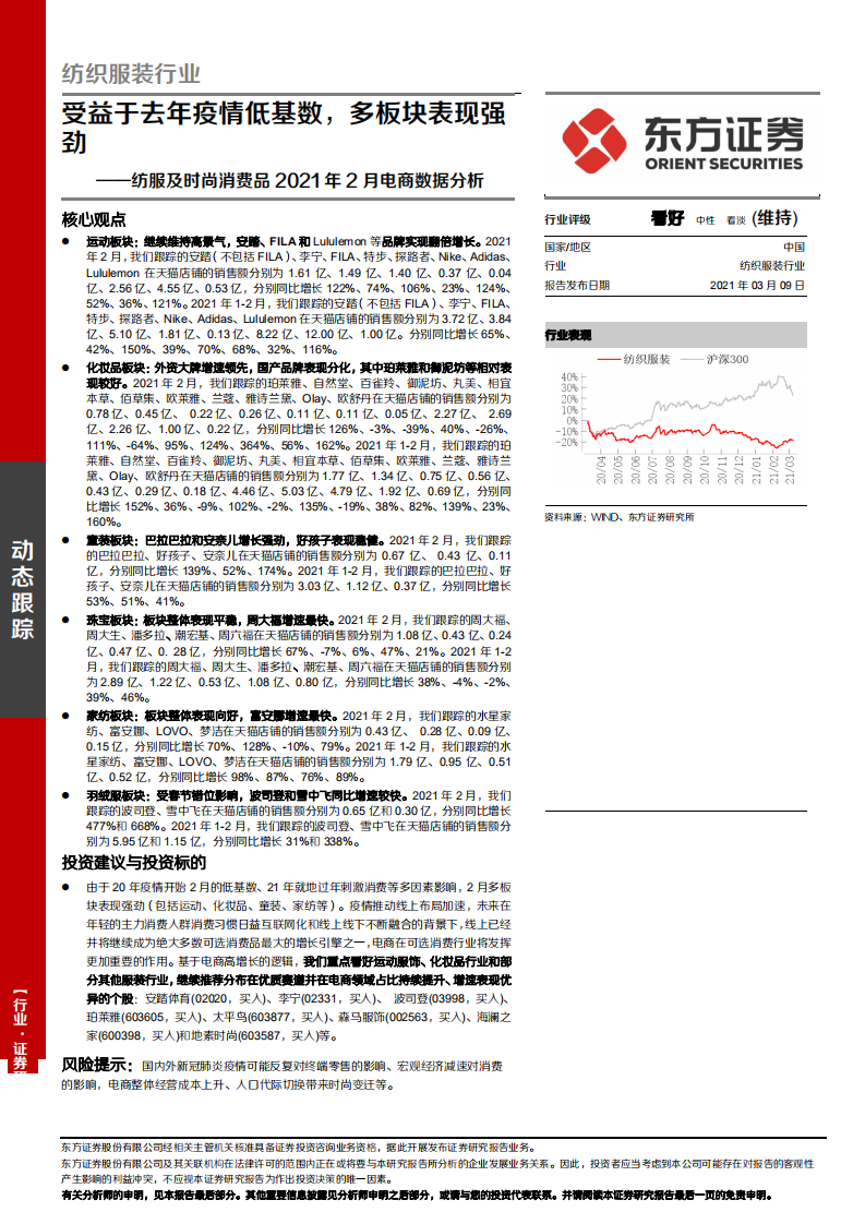 纺织服装行业纺服及时尚消费品2021年2月电商数据分析：受益于去年疫情低基数，多板块表现强劲-210309.pdf 第1页