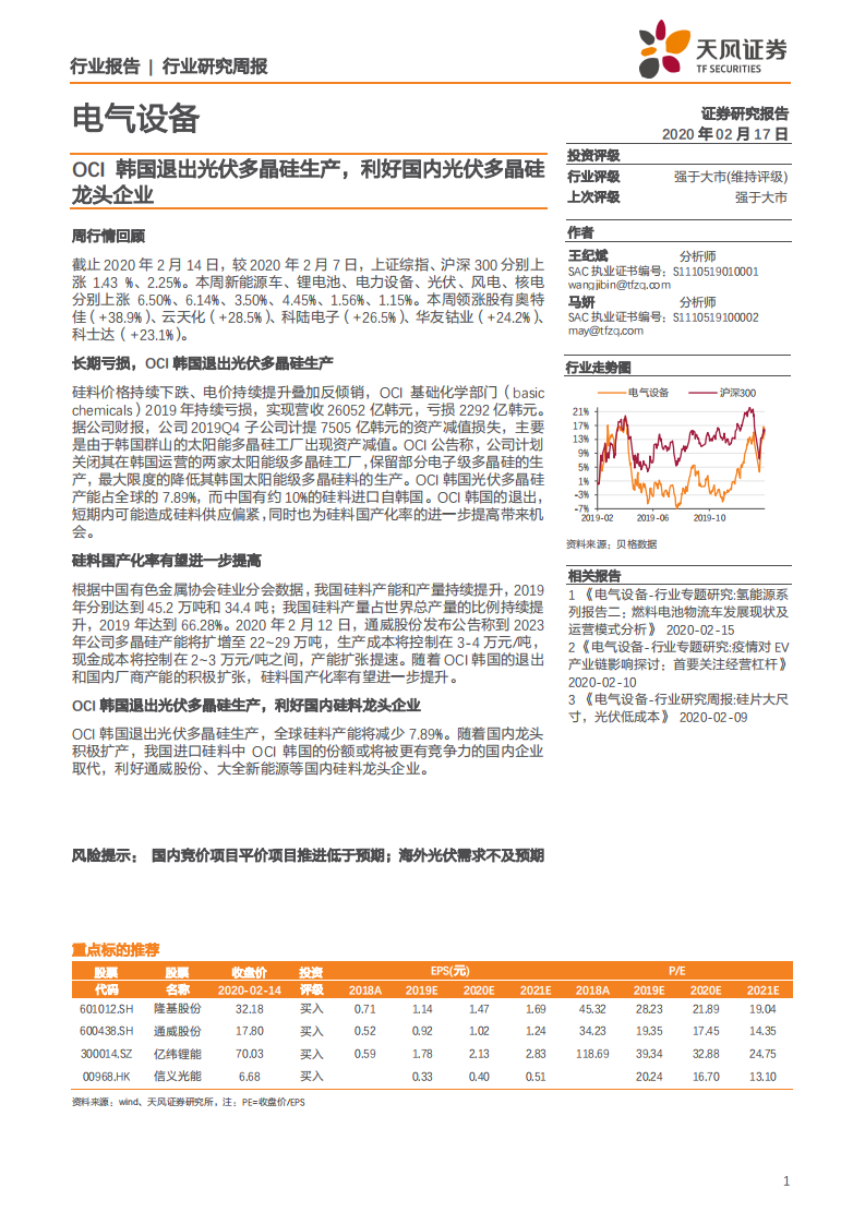 电气设备行业：OCI韩国退出光伏多晶硅生产，利好国内光伏多晶硅龙头企业-200217.pdf 第1页
