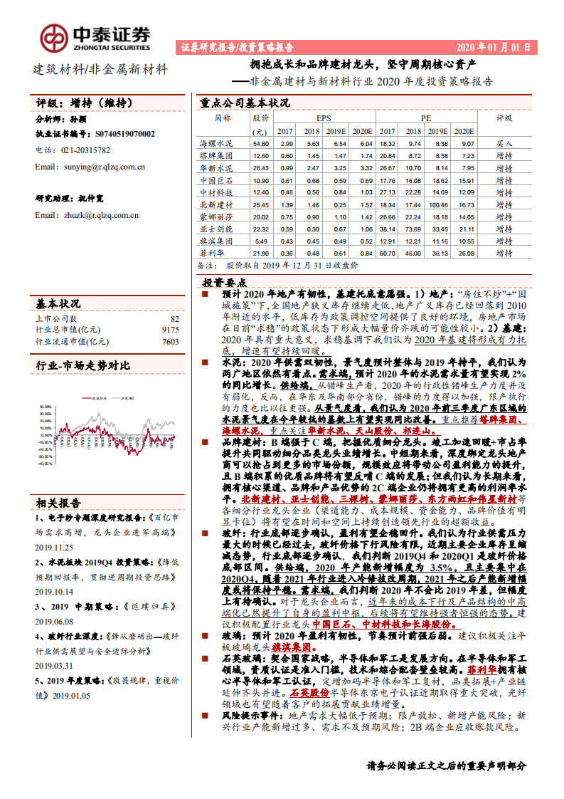非金属建材与新材料行业2020年度投资策略报告：拥抱成长和品牌建材龙头，坚守周期核心资产-200101.pdf 第1页