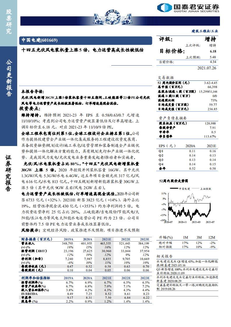 中国电建-十四五光伏风电装机量上涨5倍，电力运营高成长性被低估-210726.pdf 第1页