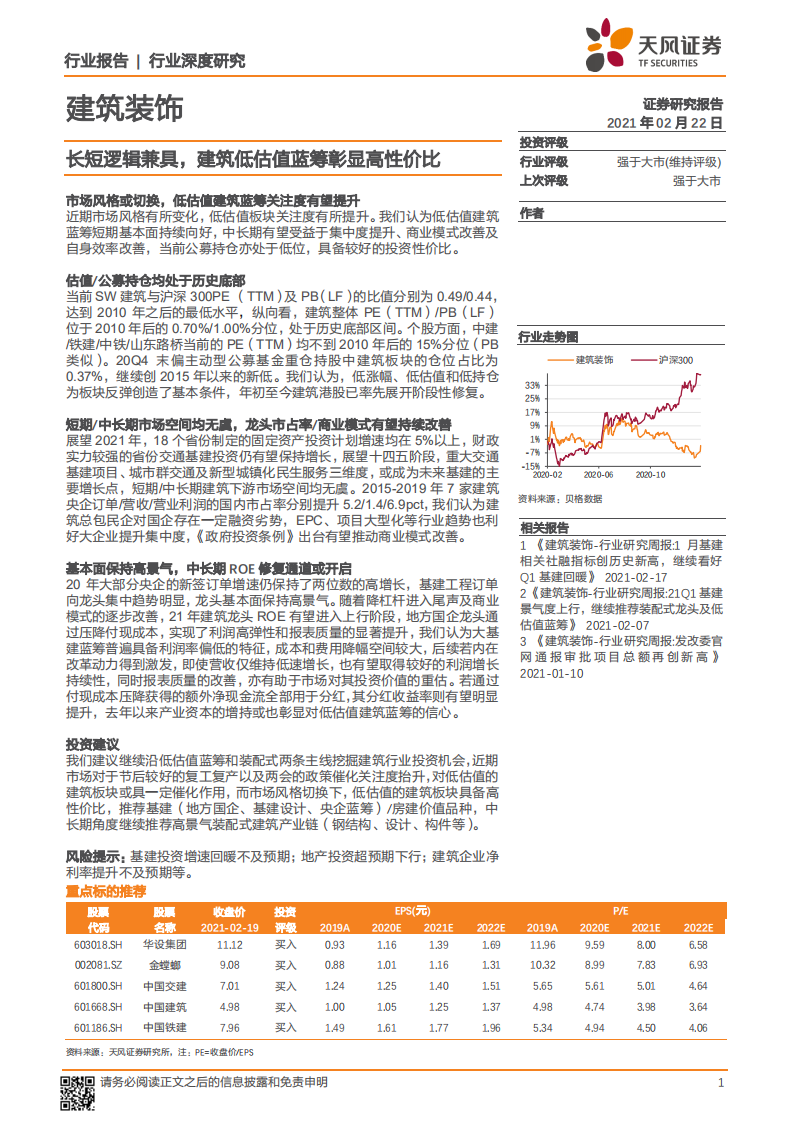 建筑装饰行业深度研究：长短逻辑兼具，建筑低估值蓝筹彰显高性价比-210222.pdf 第1页