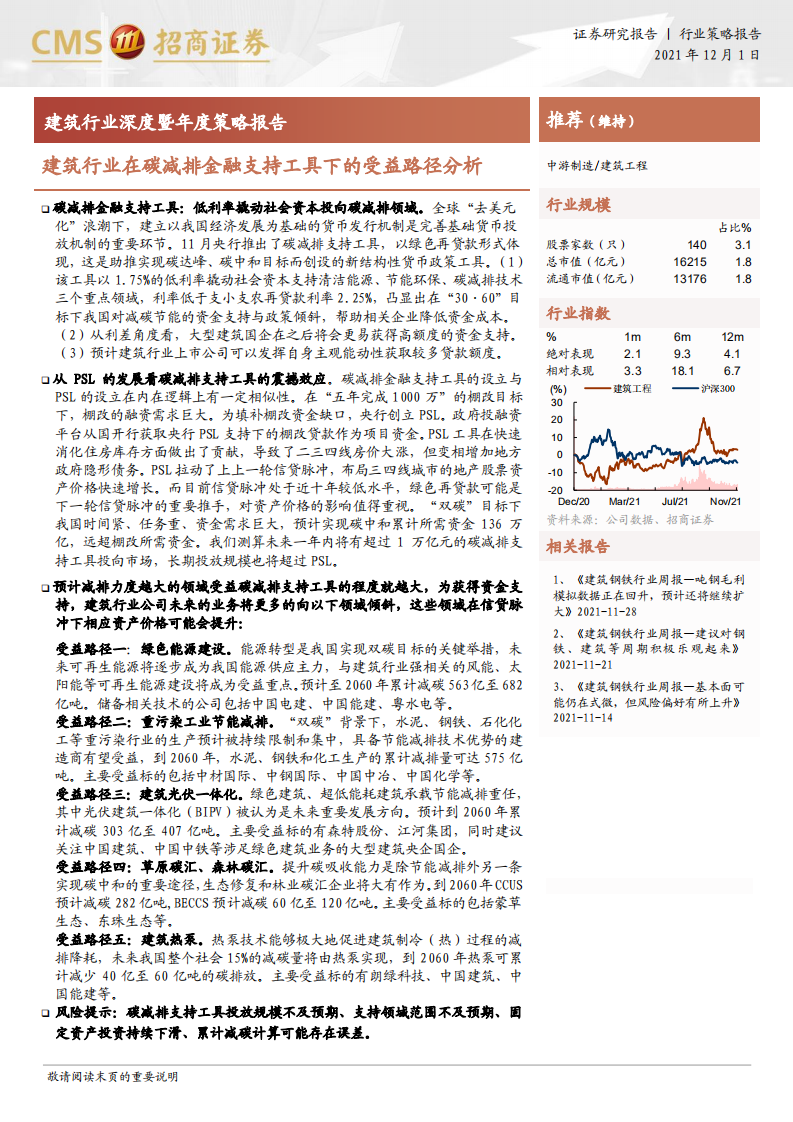 建筑行业深度暨年度策略报告：建筑行业在碳减排金融支持工具下的受益路径分析-211201.pdf 第1页