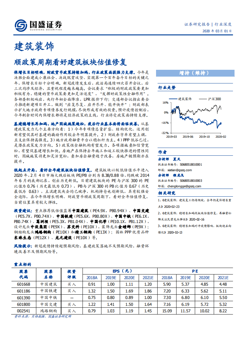 建筑装饰行业：顺政策周期看好建筑板块估值修复-200301.pdf 第1页