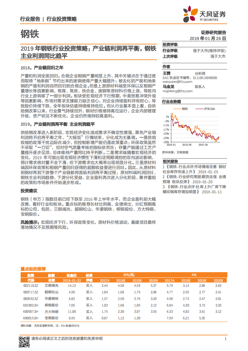 2019年钢铁行业投资策略：产业链利润再平衡，钢铁主业利润同比趋平.pdf 第1页