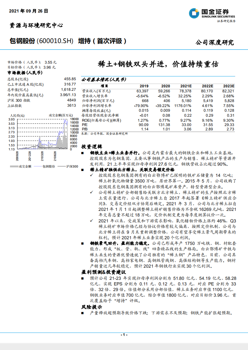 包钢股份-稀土+钢铁双头并进，价值持续重估-210926.pdf 第1页