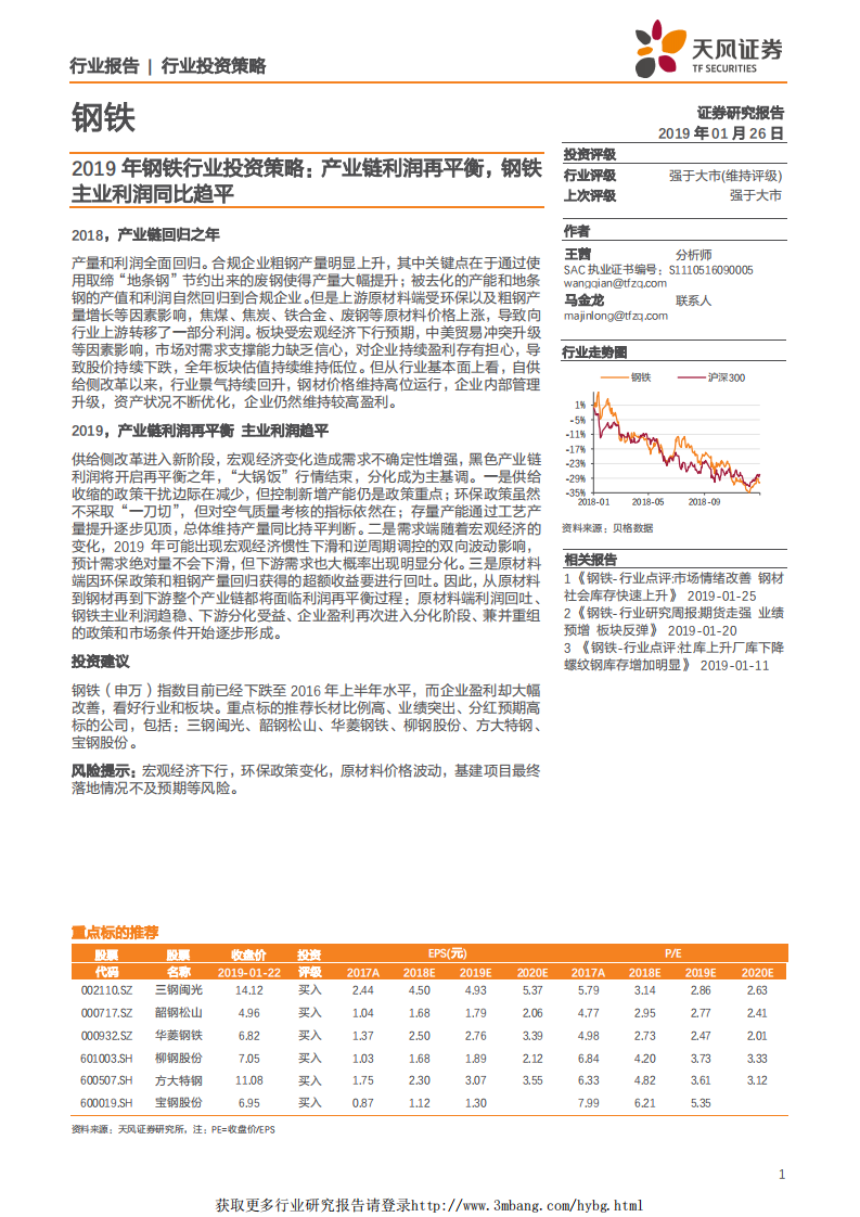 钢铁行业2019年投资策略：产业链利润再平衡，钢铁主业利润同比趋平-190126.pdf 第1页