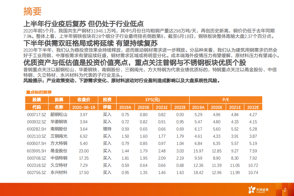钢铁行业投资策略：基本面有望持续改善，估值低谷待修复-200620.pdf 第2页