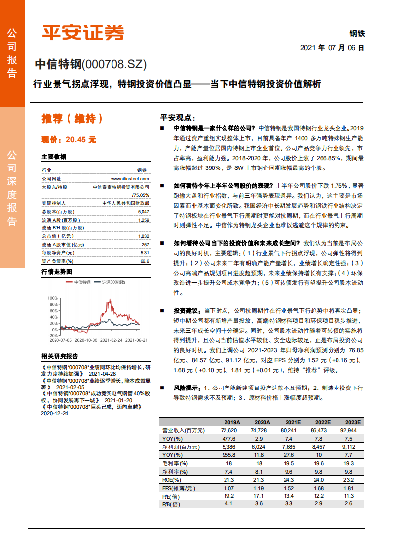 中信特钢-当下中信特钢投资价值解析：行业景气拐点浮现，特钢投资价值凸显-210706.pdf 第1页