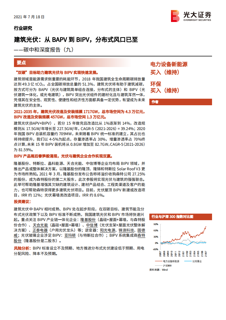 电力设备新能源、环保行业碳中和深度报告（九）：建筑光伏，从BAPV到BIPV，分布式风口已至-210718.pdf 第1页