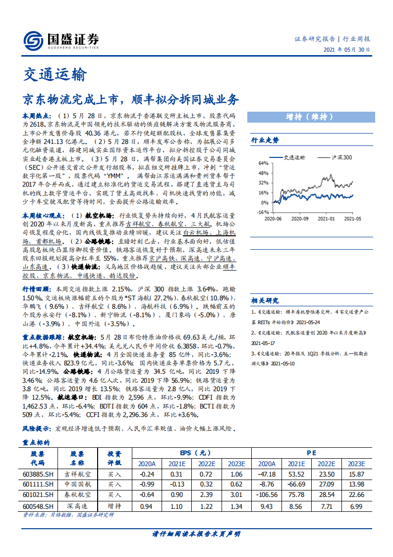 交通运输行业：京东物流完成上市，顺丰拟分拆同城业务-210530.pdf 第1页