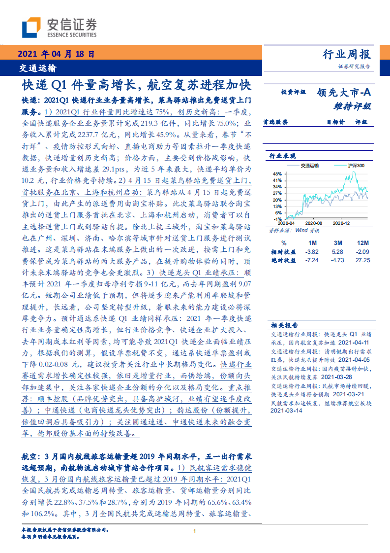 交通运输行业：快递Q1件量高增长，航空复苏进程加快-20210418.pdf 第1页