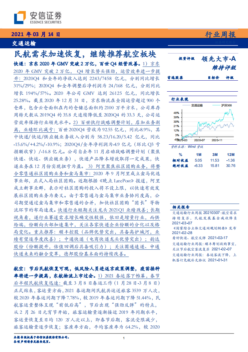 交通运输行业：民航需求加速恢复，继续推荐航空板块-210314.pdf 第1页
