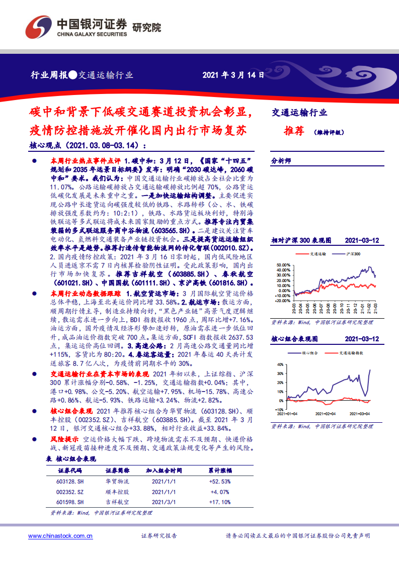 交通运输行业：碳中和背景下低碳交通赛道投资机会彰显，疫情防控措施放开催化国内出行市场复苏-210314.pdf 第1页