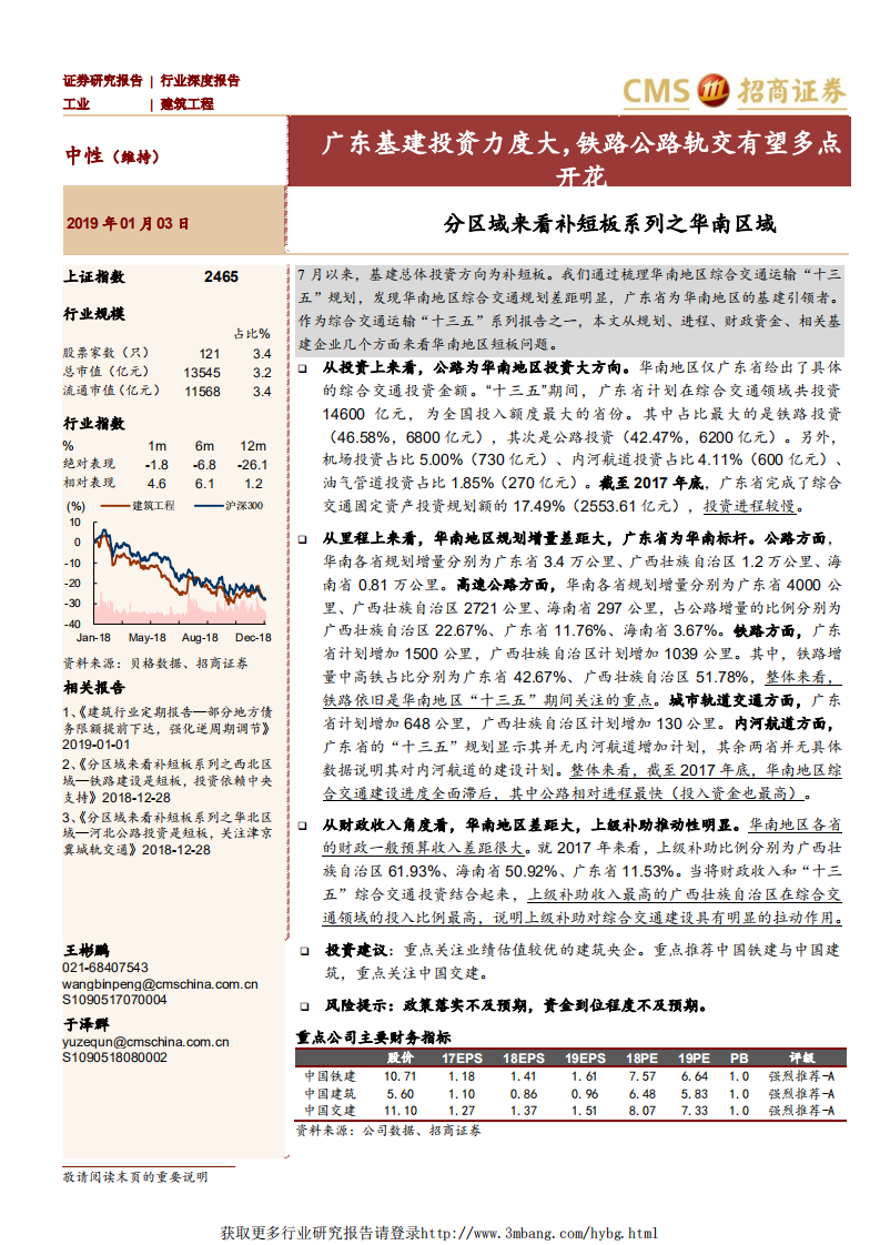 建筑工程行业分区域来看补短板系列之华南区域：广东基建投资力度大，铁路公路轨交有望多点开花-190103.pdf 第1页