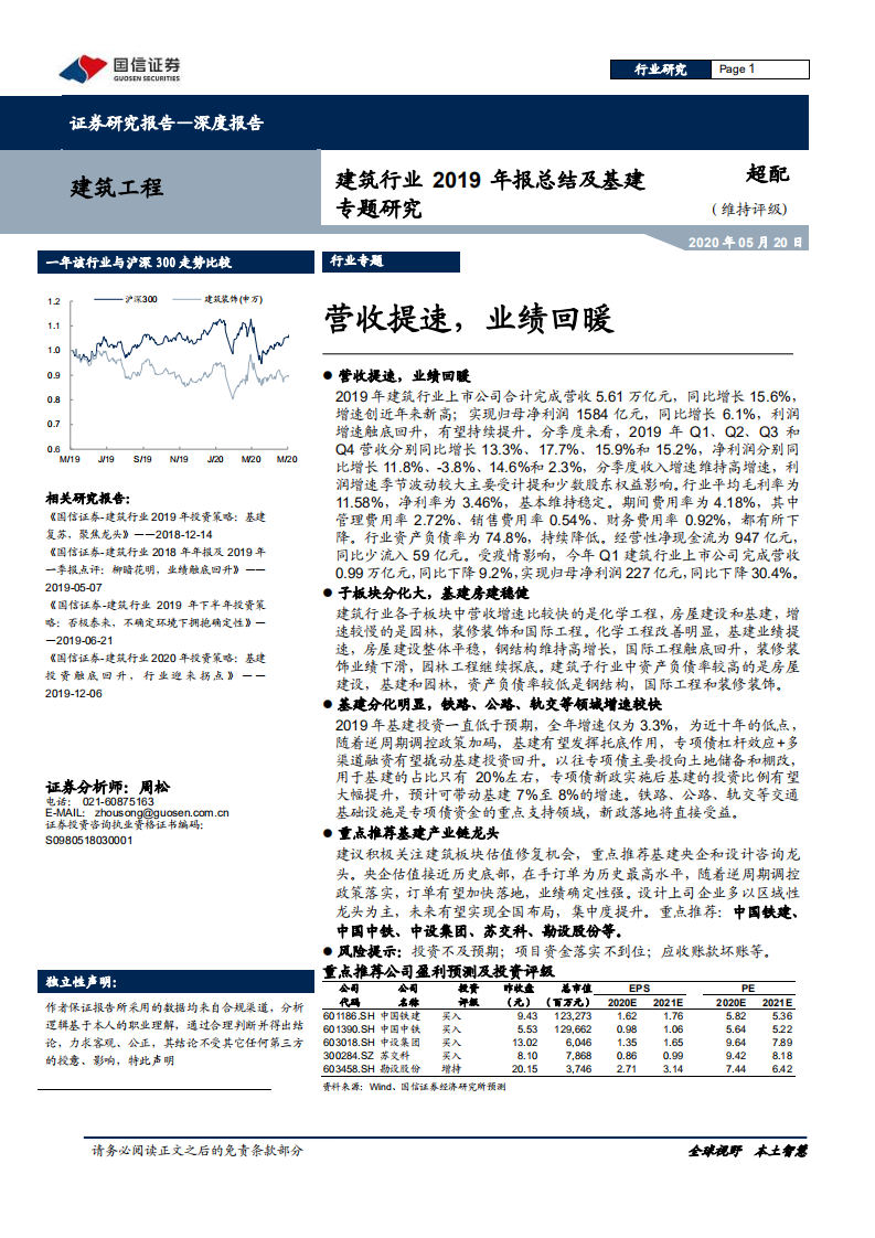 建筑行业2019年报总结及基建专题研究：营收提速，业绩回暖-200520.pdf 第1页
