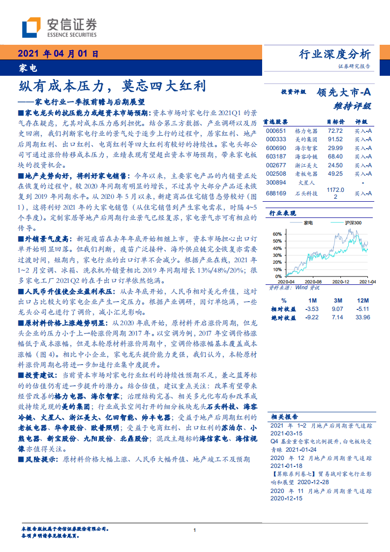 家电行业一季报前瞻与后期展望：纵有成本压力，莫忘四大红利 -210401.pdf 第1页