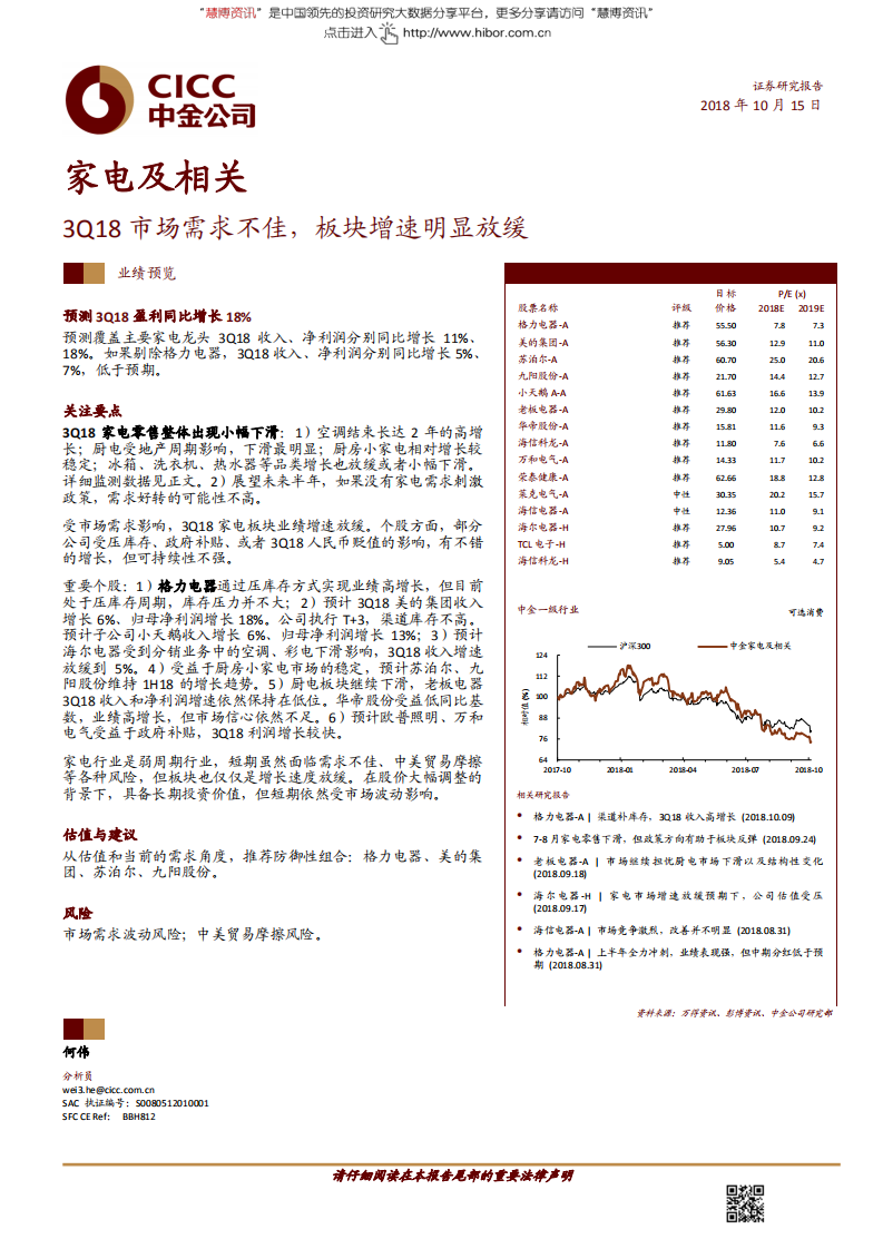 20181015-家电及相关行业：3Q18市场需求不佳，板块增速明显放缓.pdf 第1页