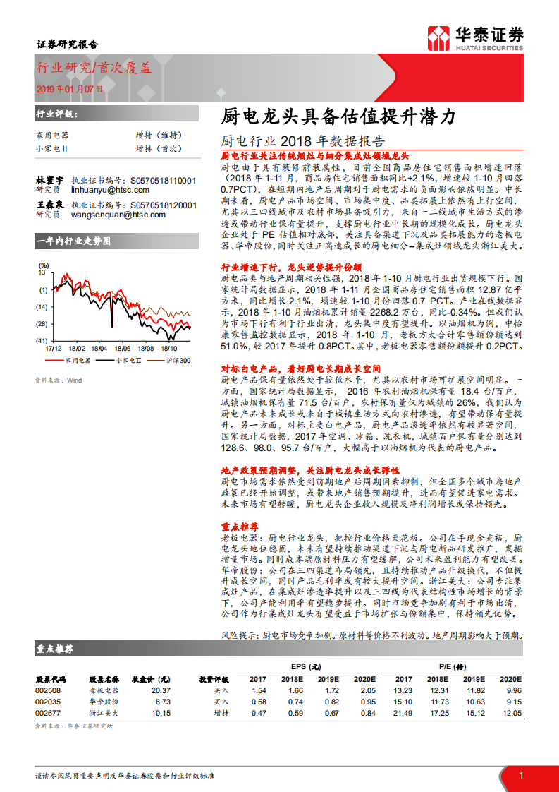 厨电行业2018年数据报告：厨电龙头具备估值提升潜力.pdf 第1页