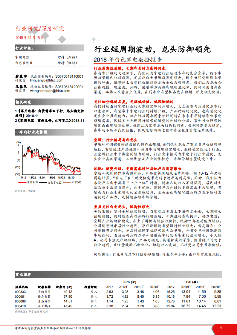 家电行业2018年白色家电数据报告：行业短周期波动，龙头防御领先-181216.pdf 第1页
