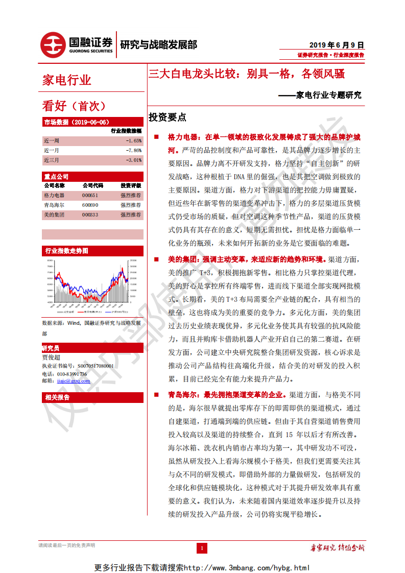 家电行业专题研究：三大白电龙头比较，别具一格，各领风骚-190609.pdf 第1页