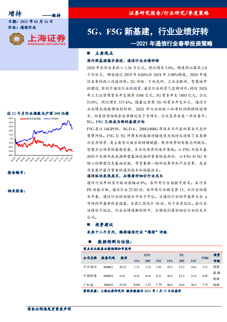 2021年通信行业春季投资策略：5G、F5G新基建，行业业绩好转-210316.pdf 第1页