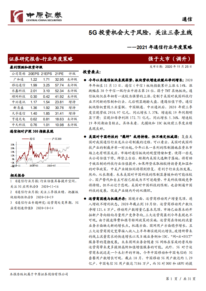 2021年通信行业年度策略：5G投资机会大于风险，关注三条主线-201125.pdf 第1页