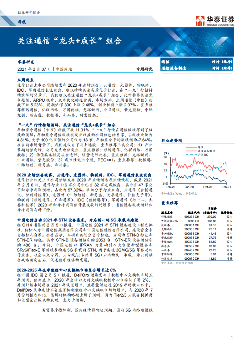 科技行业：关注通信&ldquo;龙头+成长&rdquo;组合-210207.pdf 第1页