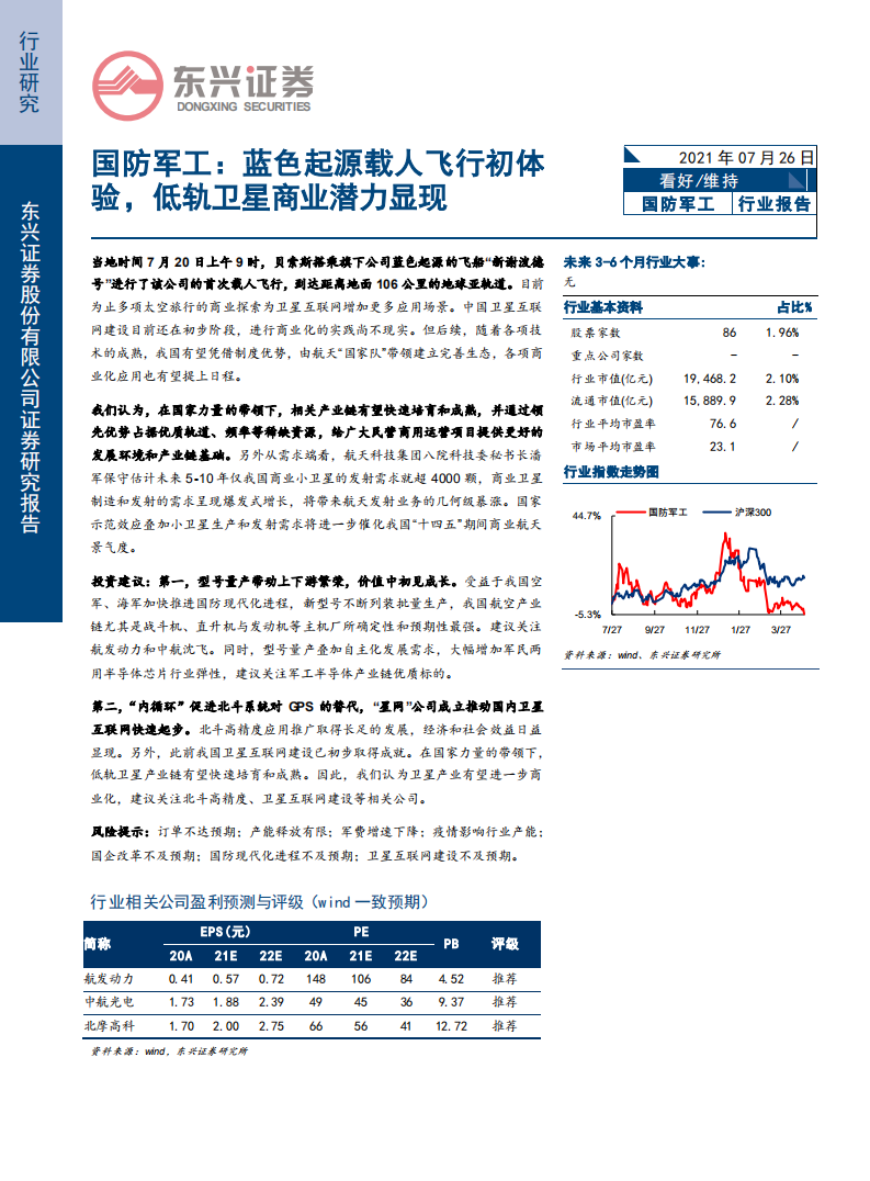 国防军工行业：蓝色起源载人飞行初体验，低轨卫星商业潜力显现-210726.pdf 第1页