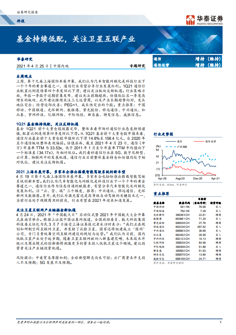 通信行业： 基金持续低配，关注卫星互联产业-210425.pdf 第1页