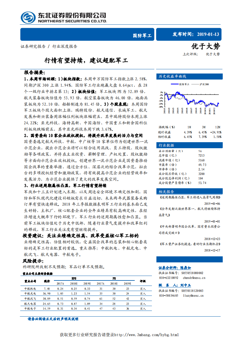 国防军工行业深度报告：行情有望持续，建议超配军工-190113.pdf 第1页