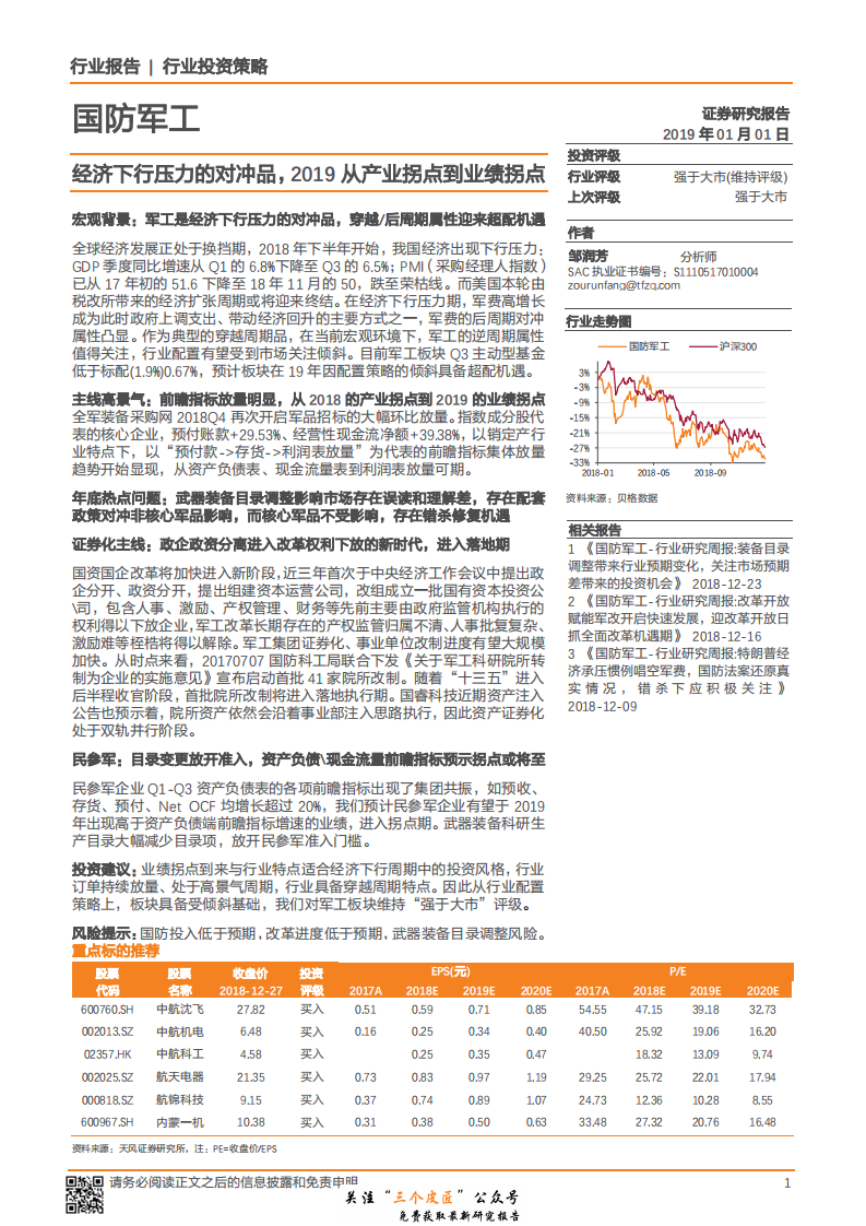 国防军工行业投资策略：经济下行压力的对冲品，2019从产业拐点到业绩拐点-190101.pdf 第1页