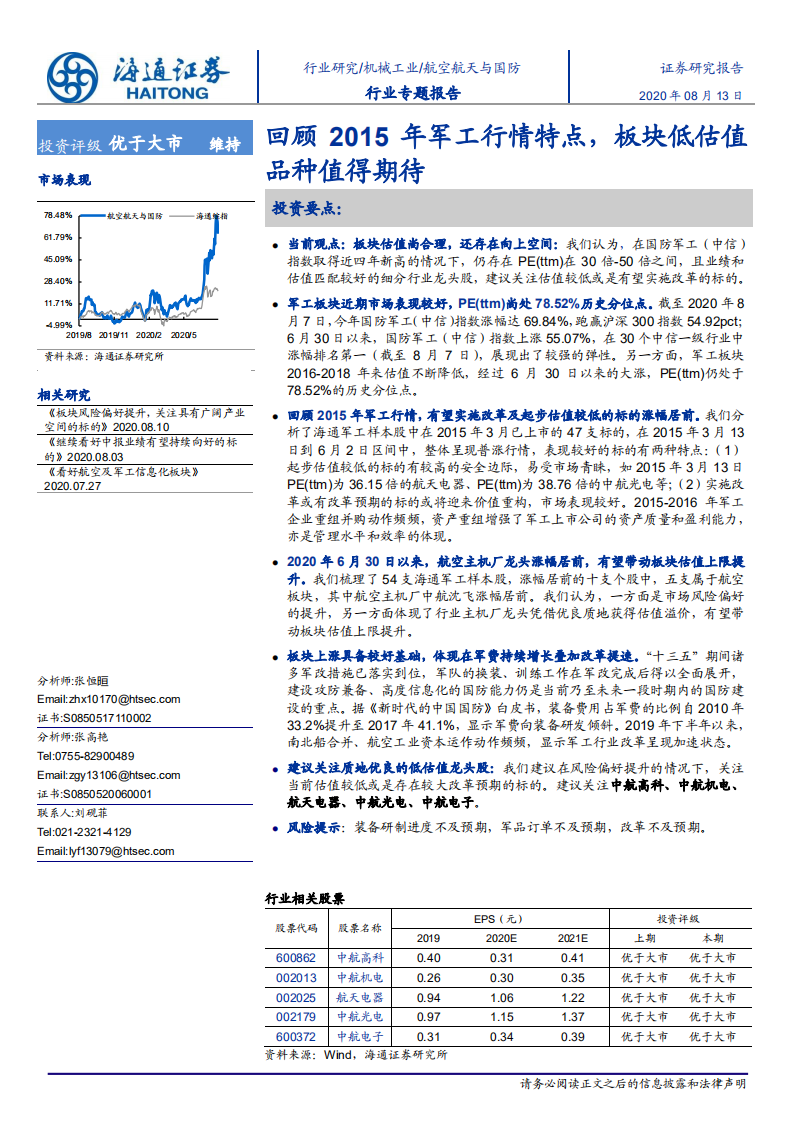航空航天与国防行业：回顾2015年军工行情特点，板块低估值品种值得期待-20200813.pdf 第1页
