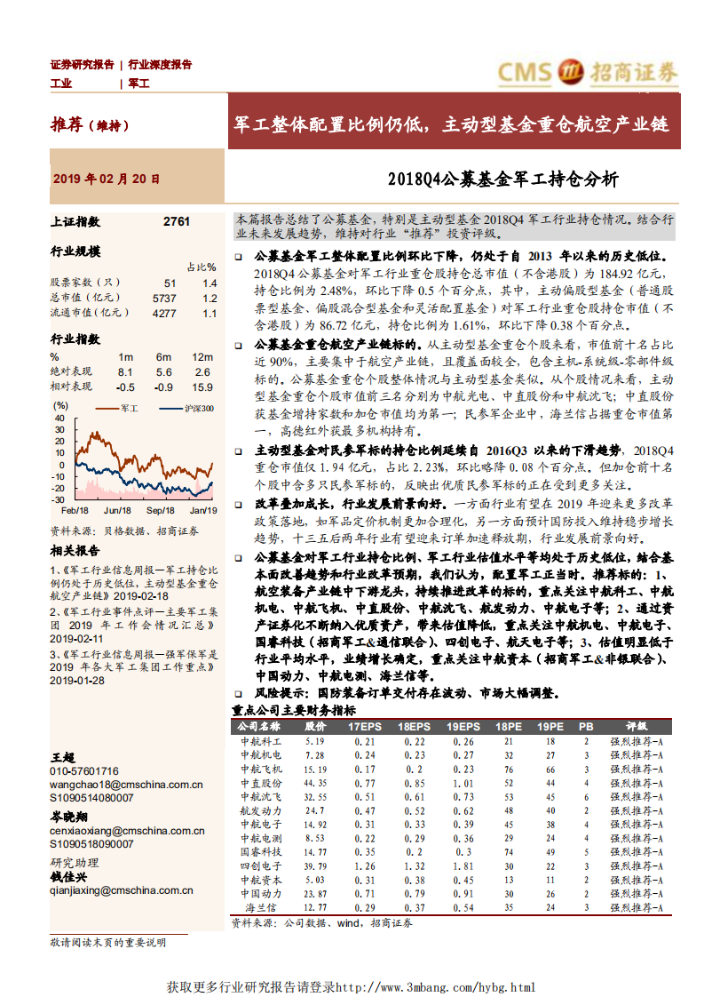 军工行业2018Q4公募基金军工持仓分析：军工整体配置比例仍低，主动型基金重仓航空产业链-190220.pdf 第1页