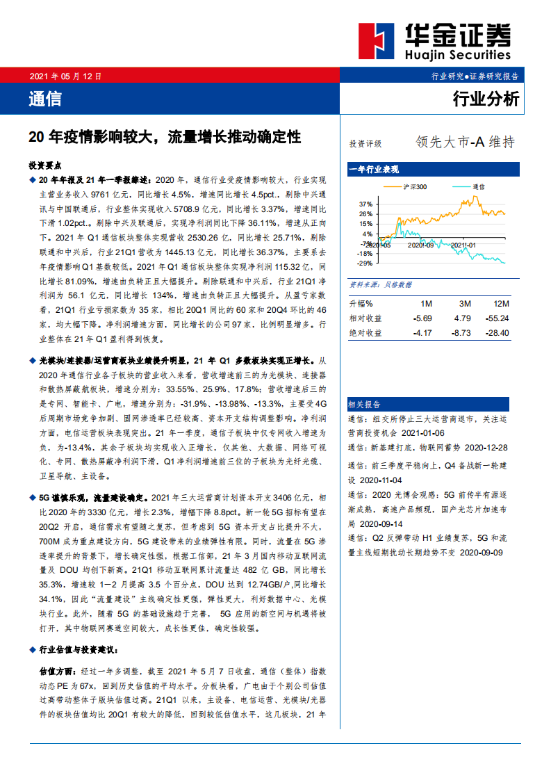 通信行业：20年疫情影响较大，流量增长推动确定性-210512.pdf 第1页