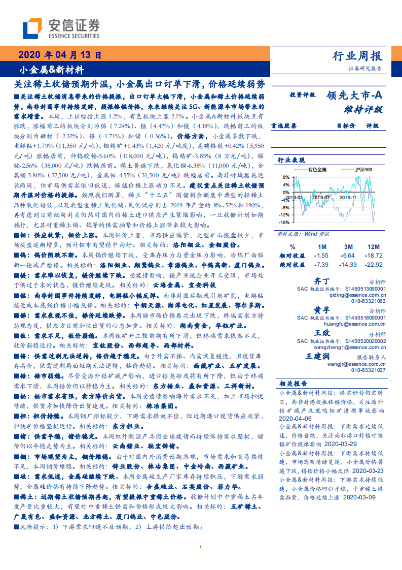小金属＆新材料行业：关注稀土收储预期升温，小金属出口订单下滑，价格延续弱势-200413.pdf 第1页